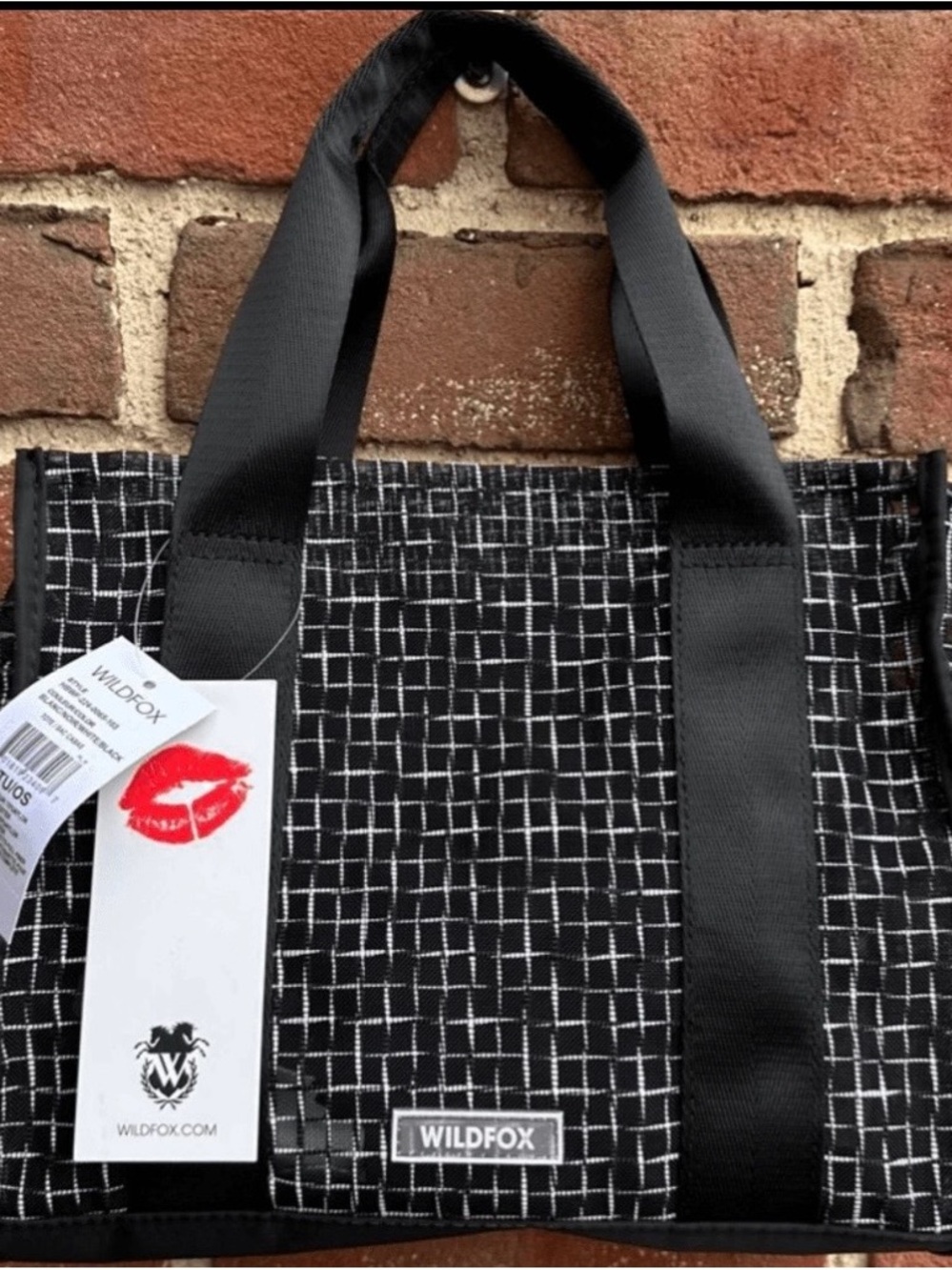 Wildfox Black & White Grid Canvas Tote with Red Kiss Accent